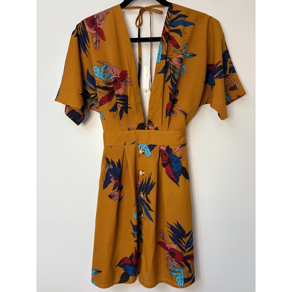 Plunging Deep V Neck Kimono Sleeve Floral‎ Print Faux Button Down Dress Shein